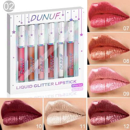 DUNUF 6 pcs set pearlescent metallic color long lasting lip gloss waterproof sweatproof non-stick lipstick