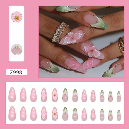 Dark Brown Flowers 24 Pcs Press-on Nails Pink Nail Polish Glossy Artificial Finger Manicure Reusable False Nails