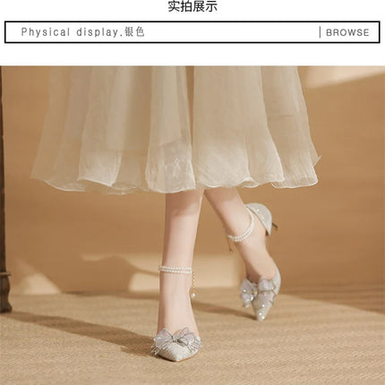 Spring Pointed Toe Party Wedding Shoes for Women, Bride Bow Thick Heel Silver Sequin Fairy Lolita Style Single Shoes