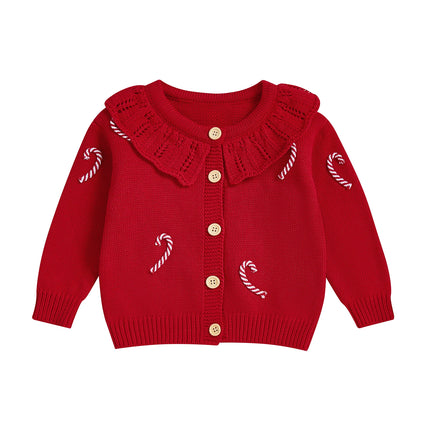 Toddler Girl Christmas Knit Sweater Cardigan Long Sleeve Ruffled Round Neck Button Down Candy Cane Embroidery Sweater