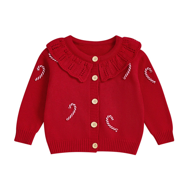 Toddler Girl Christmas Knit Sweater Cardigan Long Sleeve Ruffled Round Neck Button Down Candy Cane Embroidery Sweater