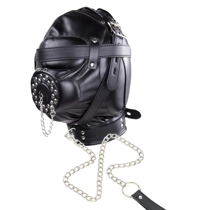 PU Leather Full Head Bondage Hood Mask Adjustable BDSM Headgear Blindfold with Chain Leash Role Play Costume Accessories