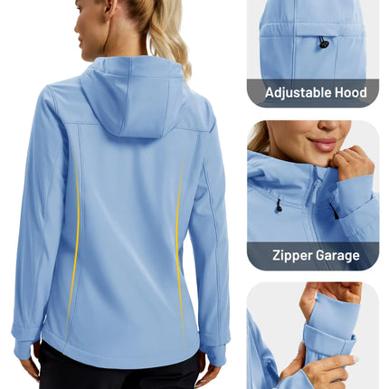 TACVASEN Waterproof Fleece Lined Women's Softshell Jacket Hooded Outdoor Hiking Camping Jacket Lightweight Warm Thermal Coat