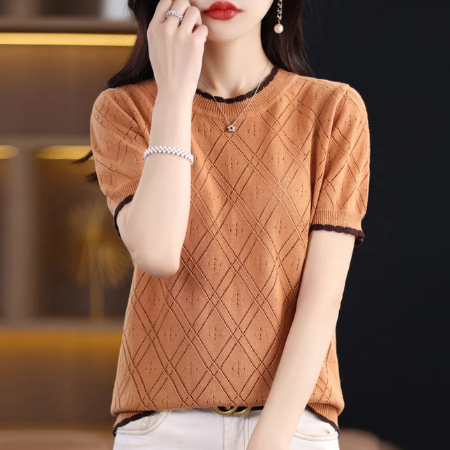 Summer New 100% Cotton Women's T-shirt Casual Solid Color Hollow Out Knit Pullover Short Sleeved Casual Fashion Round Neck Tees