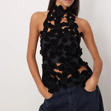 Women Hollow Out 3D Floral Velvet Halter Top Mock Neck Sleeveless Backless Tank Top Sexy Going Out Party Tops Vest
