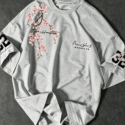 Hot selling summer men's Brooklyn cherry blossom letter print comfortable and breathable round neck T-shirt outdoor street top