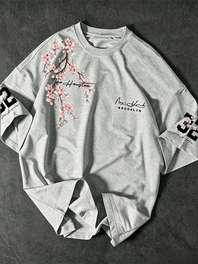 Hot selling summer men's Brooklyn cherry blossom letter print comfortable and breathable round neck T-shirt outdoor street top