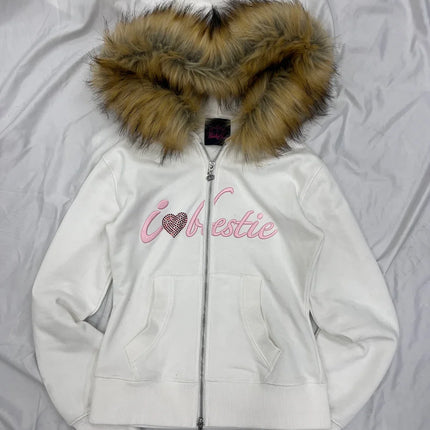 Harajuku Letter Embroidery Double Zipper Hoodie Women American Retro Fur Collar Oversized Sweatshirt Trendy Gothic Streetwear