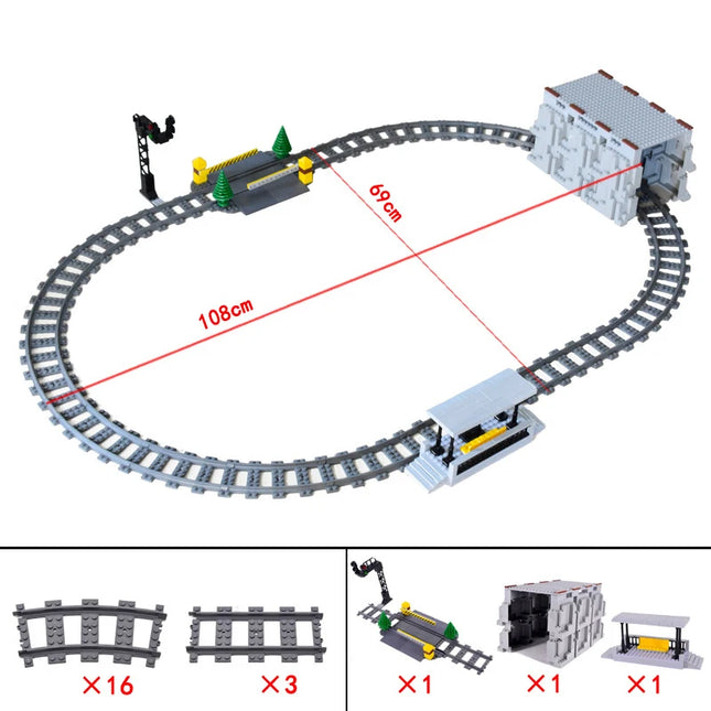 City Train Station Platform Traffic Light Cave Flyover Tracks Straight Curved Rails Building Block Bricks Technican Creative Toy