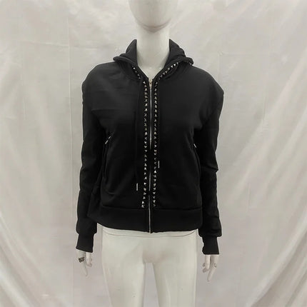 Y2K New Emo Fashion Rivet Zipper Hoodie Women Harajuku Black Oversized Hoodie Gothic Retro Classic Sweatshirt Winter Clothing