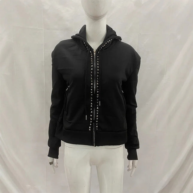 Y2K New Emo Fashion Rivet Zipper Hoodie Women Harajuku Black Oversized Hoodie Gothic Retro Classic Sweatshirt Winter Clothing