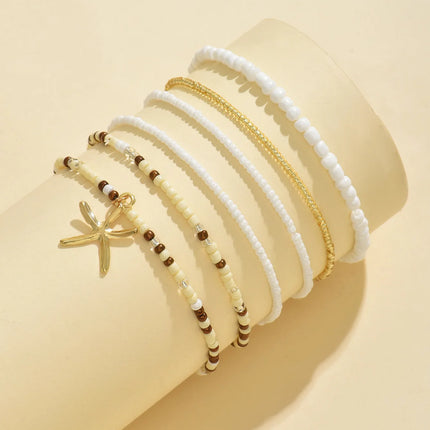 Multilayer Bohemia Rice Bead Anklet Set for Women Fashion Starfish Pendant Anklets Summer Sandy Beach Ankle Chain on Leg Jewelry