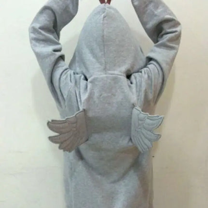 Women Grey Angel Wing Embroidered Hoodie Cute Kawaii Pullover Sweatshirt Wing Decoration Back Y2K Street Harajuku Loose Pullover