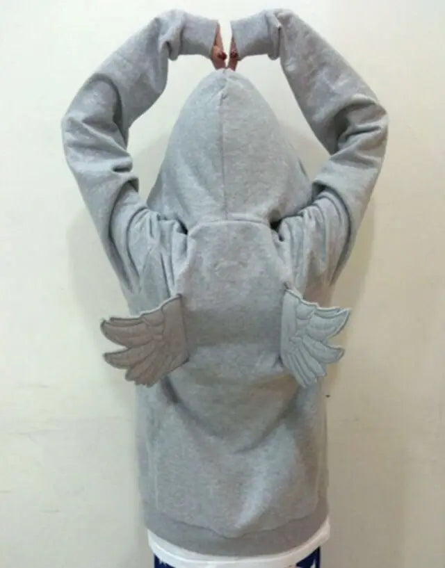 Women Grey Angel Wing Embroidered Hoodie Cute Kawaii Pullover Sweatshirt Wing Decoration Back Y2K Street Harajuku Loose Pullover