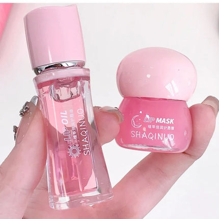 Strawberry Lip Balm & Lip Oil Set Clear Glass Moisturizing Lightweight Hydrating Jelly Day & Night Lip Mask Set Makeup Lips Care