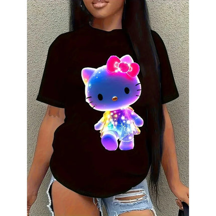 Sanrio Hello Kitty Neon Glow Graphic T-Shirt for Teens Summer Casual Short-Sleeved T-Shirt Fun Cartoon Print Round Neck Top