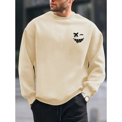 Men's autumn and winter warm casual loose fashionable classic smiling face pattern printed long sleeved round neck sweatshirt