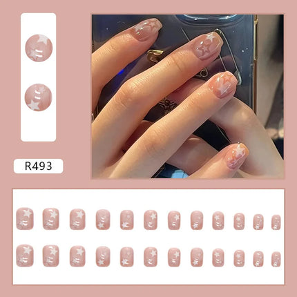 Thousands Stars 24 Pcs Press on Nails Pink Nail Polish Glossy Artificial Finger Manicure Reusable False Nails for Women