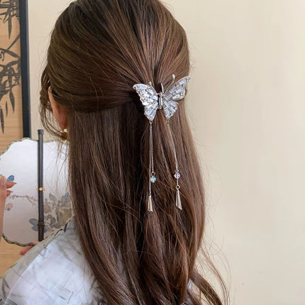 Shiny Rhinestones Butterfly Hair Claw Clips for Women Girl Vintage Long Chain Tassel Claw Clip New Chinese Style Accessories M1