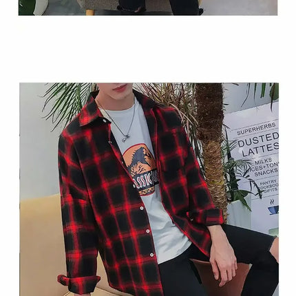Casual Plaid Long Sleeve Men's Shirt Autumn Korean Style Loose Fashionable Outerwear Couple's Casual Shirt Comfortable Fit