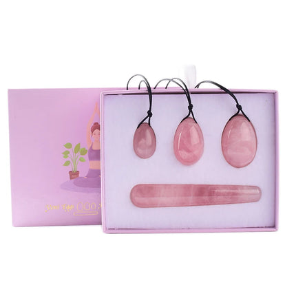 Pure Natural Rose Quartz Yoni Egg Vaginal Muscles Tightening Ball Women Kegel Exerciser Pink Crystal Egg Massage Ball and Wand