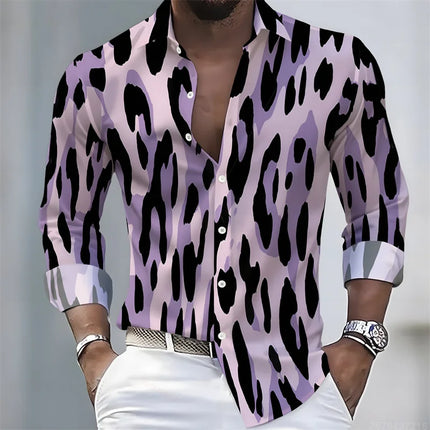 New Men's Leopard Print Long-Sleeved Shirt, Trendy Retro Slim-Fit Turn-Down Collar Casual and Stylish Men's Shirt, Sizes S-6XL.