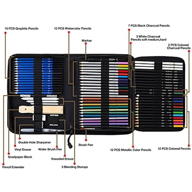 76 Pack Drawing Set Sketching Kit, Pro Art Supplies with 3-Color Sketchbook, Tutorial Included, Colored, Graphite, Charcoal, Wat
