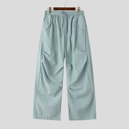 INCERUN Men's Pants Solid Color Drawstring Joggers Loose Casual Trousers For Man Streetwear 2026 Fashion Male Wide Leg Pants