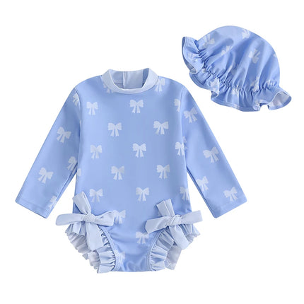 0-3Y Kids Baby Girl Rash Guard Swimsuits Lovely Bow Print Long Sleeve Ruffled Trim Romper Bathing Suit Infants Swimwear with Cap