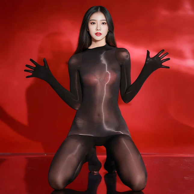 Oil Shiny Seamless Jumpsuits Women Men Full Body Stockings Glossy Onesie Open Crotch Pantyhose Erotic Lingerie Smooth Bodysuit