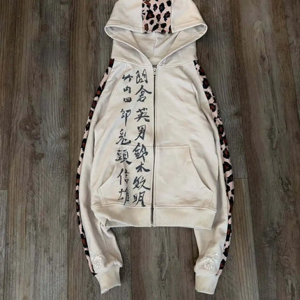 Retro Streetwear Zip Up Hooded Jacket Women Beige Chinese Calligraphy Print Leopard Panel Y2K Casual Oversized Hoodie