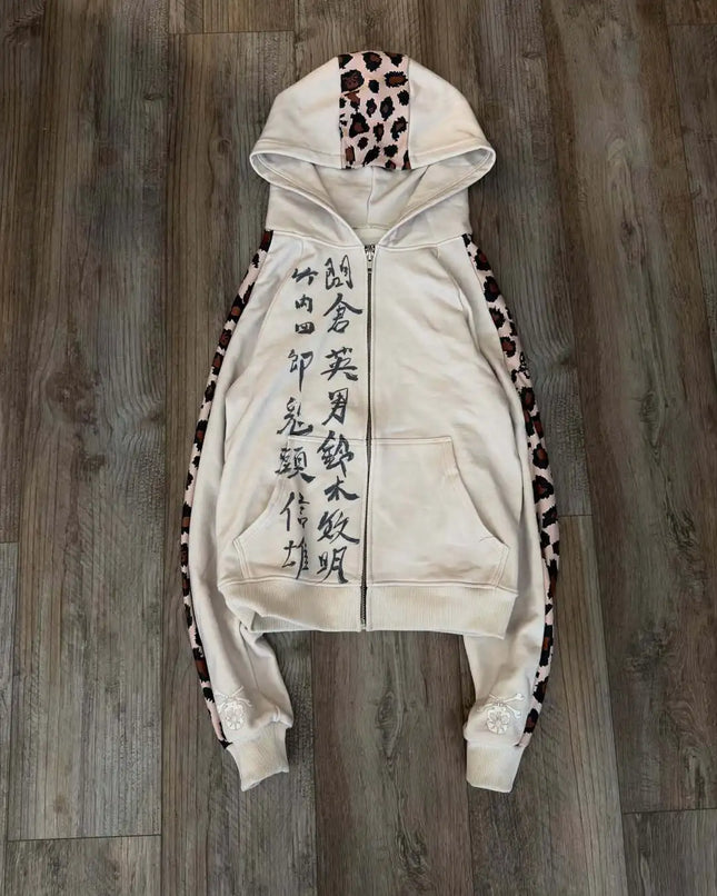Retro Streetwear Zip Up Hooded Jacket Women Beige Chinese Calligraphy Print Leopard Panel Y2K Casual Oversized Hoodie