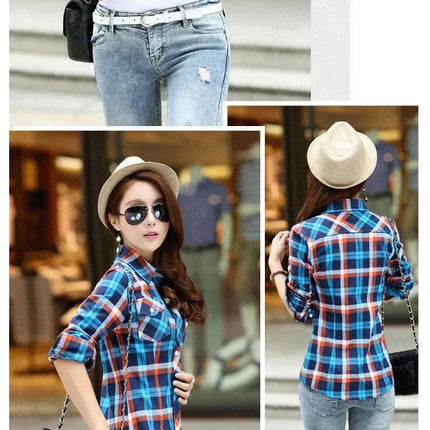 Slim Fit Plaid Long Sleeve Women's Shirt Qiang Yixuan Brand Autumn New Korean Version Cotton Button-Up Shirt