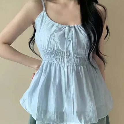 Sexy Summer Design D-string Strap Folded Waist Slimming Women's Casual Sexy Vest Top with Belt Polyester Fiber Thin Model