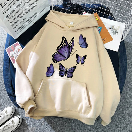 90s Graphic Dark Purple Butterfly Pattern Printed Hoodies Women's Vintage Y2k Sweatshirts Casual Hooded Clothes Kawaii Pullovers