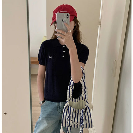 Summer 100% cotton women's T-shirt casual knit pullover short sleeved loose POLO collar Tees Pull luxury brand embroidery Tops