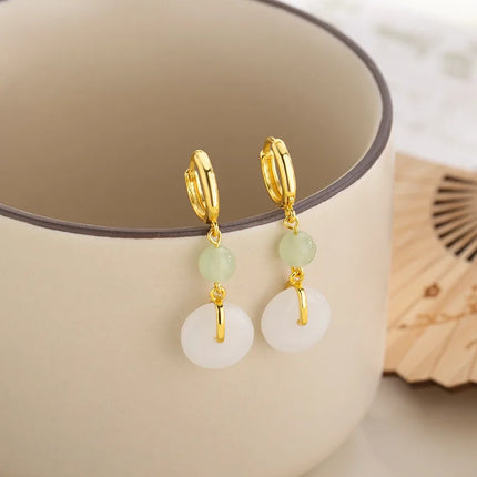 PANJBJ 925 Sterling Silver Jade Drop Earring for Women Zircon Round  Classic Grace Ethnic Jewelry Anniversary Gift Dropshipping