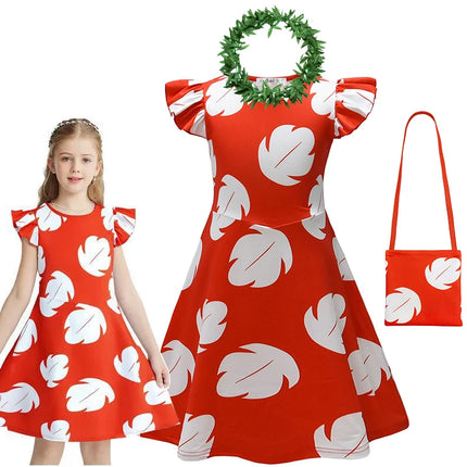 Disney Anime Lilo&Stitch Cartoon Dress for Girls Summer Hawaiian Red Leaf Print Kids Cosplay Knee Length Flying Sleeves Dresses