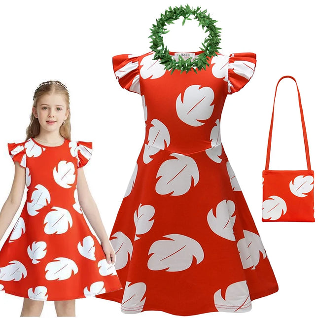Disney Anime Lilo & Stitch Cartoon Dress for Girls Summer Hawaiian Red Leaf Print Kids Cosplay Knee Length Flying Sleeves Dresses