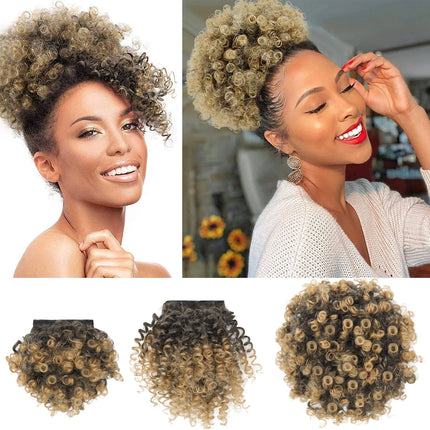 Synthetic Afro Puff Drawstring Ponytail with Short Kinky Curly Bun with 2 Replaceable Bangs Pineapple Updo Hair for Black Women