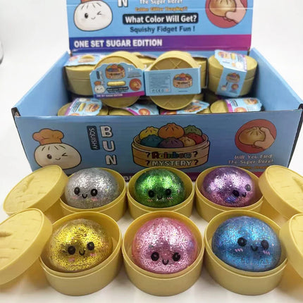 Glitter Dumpling Squishy with Box Dumplings Sensory Steamer Soft TPR Dough Ball for Decompression Fidget Toy Stress Relief Gift