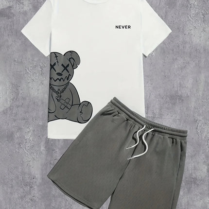 2026 Summer Casual Short-Sleeve Fashionable Breathable Sports Set Loose-Fit Quick-Dry Men's Short-Sleeve Hip-Hop Bear Print Set