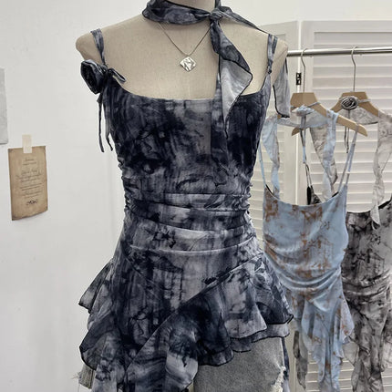 Women's Vintage Tie-dye Printed Mesh Spaghetti Strap Camisole Hot Girl Irregular Ruffled Ribbon Sleeveless Top Partyclub 1185