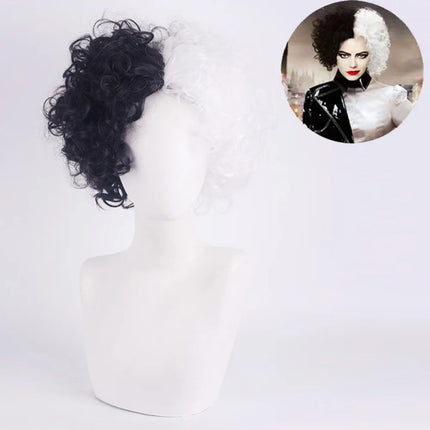Cosplay Halloween Party Wigs CRUELLA Deville De Vil Black White With Bangs Short Bob Hair for Women Heat-Resistant Synthetic Wig
