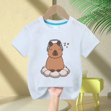 Cute Capybara Loves Bubble Tea print kids T-Shirt summer children's pure cotton short-sleeved casual tops boys and girls gifts