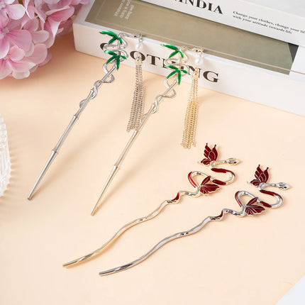 Serpentine U-Shaped Hair Stick Hairpin Snake Butterfly Tassel Hair Stick New Coiled Hair Alloy Women Jewelry Hair Accessories