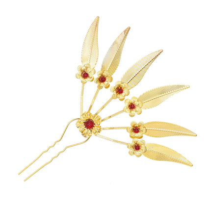 New Golden Alloy Leaf Crystal Flower Hairpin Hair Accessories for Women Thailand Ethnic Dance Party Decoration Headwear Jewelry