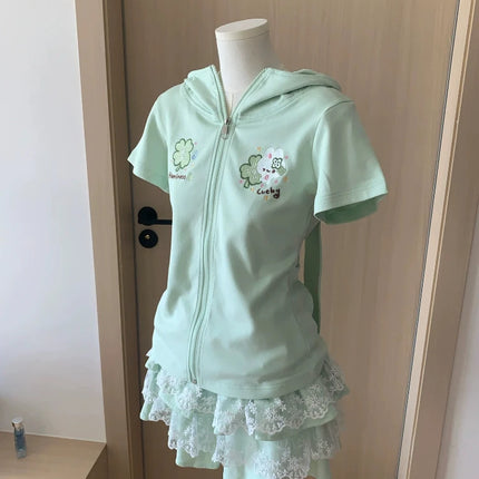 Japanese Cute Rabbit Ears Slim Hoodies Female Green Sweet Short-sleeved Outfits Women Summer Subculture Y2k Otaku Tops 2025 New