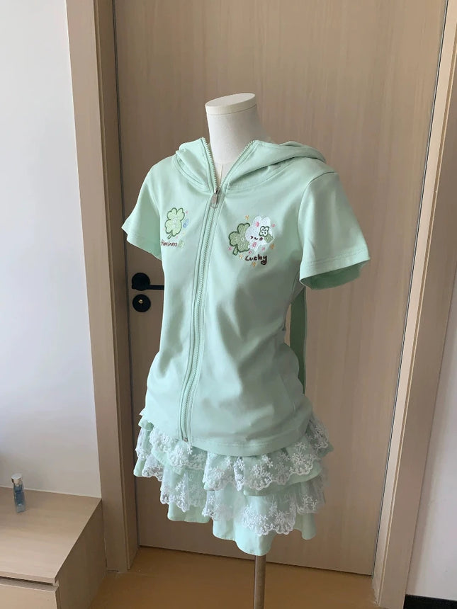 Japanese Cute Rabbit Ears Slim Hoodies Female Green Sweet Short-sleeved Outfits Women Summer Subculture Y2k Otaku Tops 2025 New