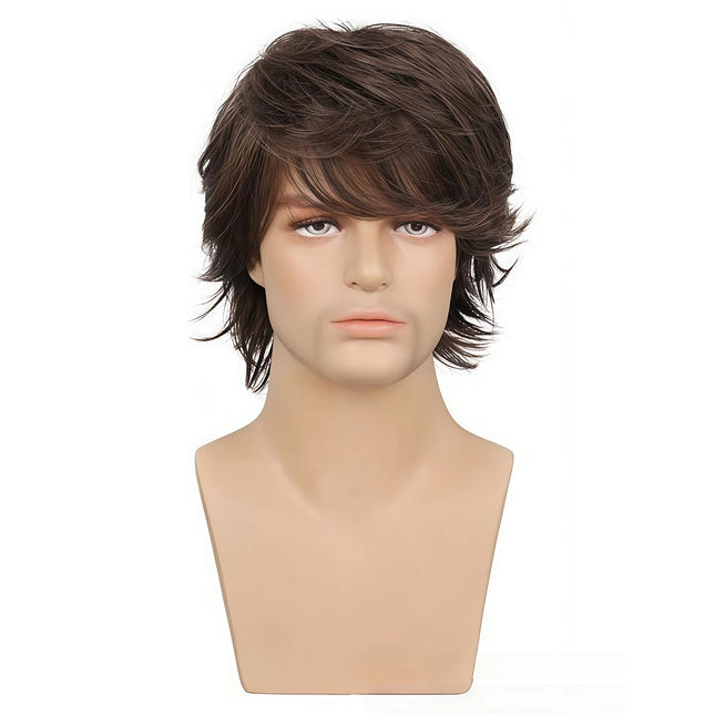 Anxin Brand Synthetic Fiber Wig: Deep Brown Natural Fluffy Layered Short Curly Hairstyle, Realistic Hair Texture, Soft and Smooth Feel, Conforms to Head Shape; Made from High-Quality Synthetic Fiber Material, Comfortable to Wear